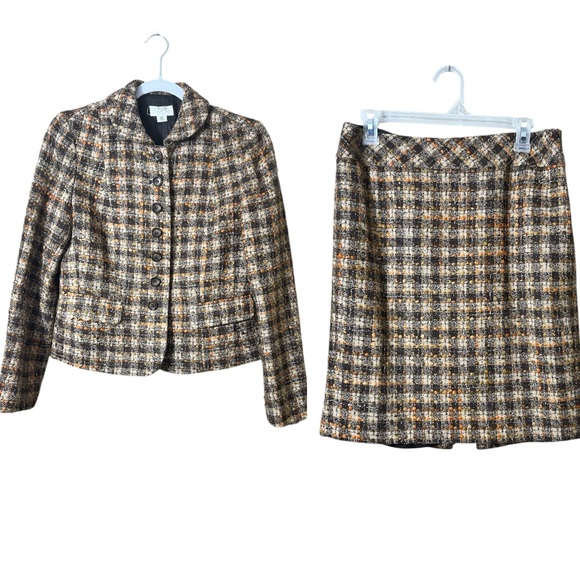 LOFT Petite 6/8 Wool Blend Tweed Skirt Suit Jacket Skirt Neutral Classic Chic - Picture 2 of 16